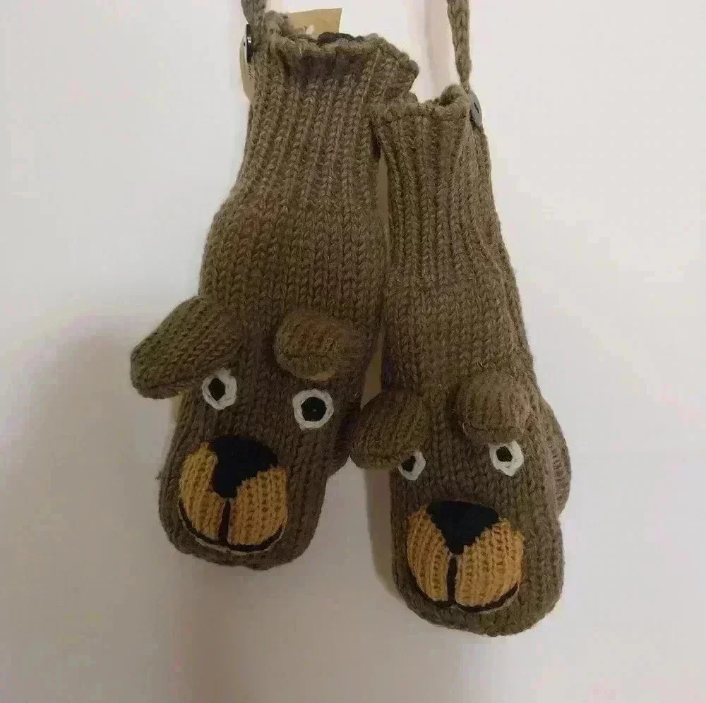 Hand Knit Wool Bear Mittens, Adult Size